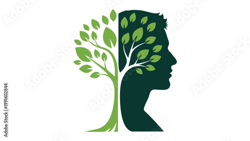 Harmony of Mind and Nature: A conceptual image intertwines a silhouette of a man's profile with a vibrant tree, symbolizing the interconnectedness of human thought and the natural world.