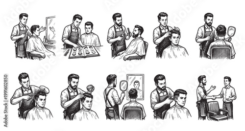 A vintage black and white illustration depicts multiple scenes of barbers giving haircuts, showing different techniques and customer interactions.