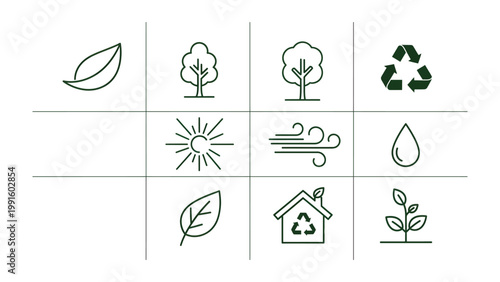 Green Icon Symphony: An array of sleek, minimalist icons embodying the essence of nature, sustainability, and eco-consciousness, creating a visually harmonious message.