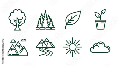 Eco-Friendly Icons: A collection of minimalist line icons representing various natural elements, perfectly suited for environmentally conscious designs.