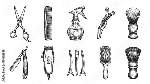A vintage hand-drawn illustration features a collection of classic barber tools including scissors, combs, clippers, brushes, and razors against a white background.