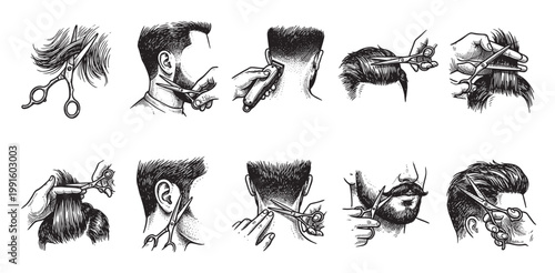 A collection of vintage-style black and white illustrations depicting various men's haircutting techniques using scissors and clippers in a barber shop.