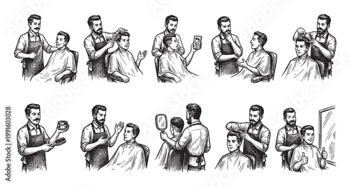 Collection of vintage black and white illustrations depicting various barber shop services and interactions between barbers and clients, conveying a retro aesthetic.