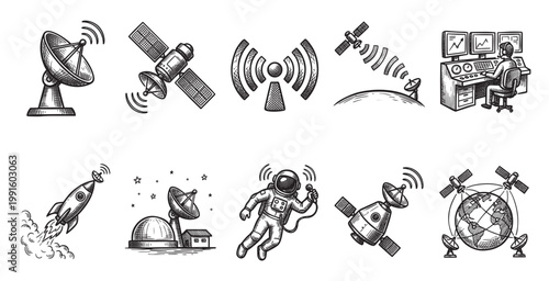 Hand drawn doodle icons depict various elements of space communication including satellites, rockets, astronauts, and control rooms in a sketch style.