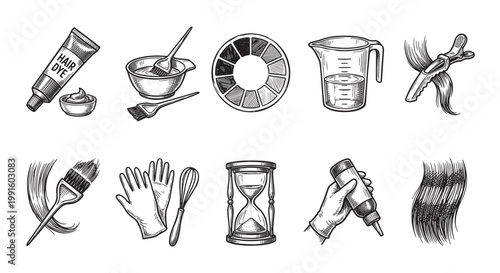 A collection of vintage style line art illustrations depicting tools and materials for hair dyeing, including dye, bowl, brush, color wheel, and hourglass.