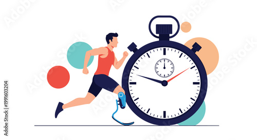 Male athlete with prosthetic leg sprinting vigorously next to a large stopwatch symbolizing time management and speed.
