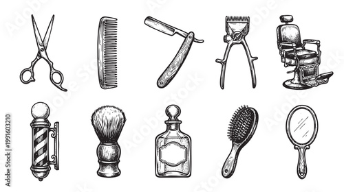 A vintage, hand-drawn illustration set of classic barber shop tools including scissors, comb, straight razor, clippers, barber chair, pole, brush, bottle, and mirror.