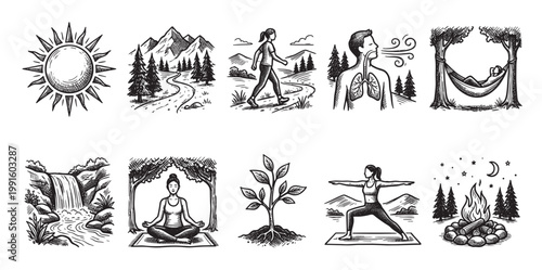 This hand-drawn black and white illustration depicts a collage of nature scenes, outdoor activities and wellness elements like yoga and breathing, ideal for health and lifestyle concepts.
