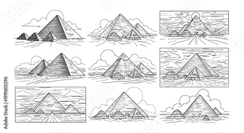 Detailed sketches of the pyramids of giza under a cloudy sky