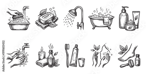 A collection of hand-drawn sketch icons illustrating hygiene, self-care, and beauty routines, including bathing, washing, and skincare.