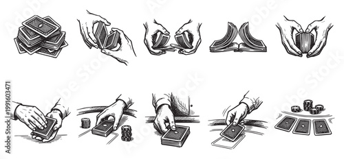 Detailed illustration of various hands performing actions with playing cards and chips, evoking a sense of strategy and chance in a casino setting.