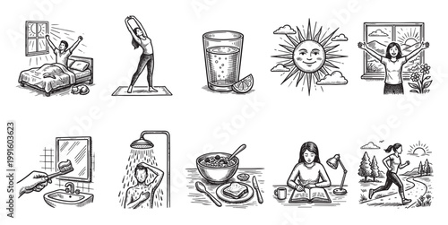 A black and white sketch collection depicting various morning routine activities like waking up, stretching, showering, eating breakfast, studying, and exercising for a healthy lifestyle.