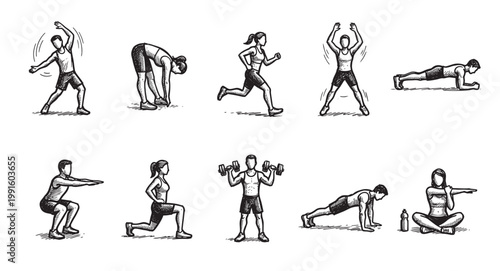 Hand drawn sketch of people performing various exercises including stretching, running, plank, squats, and weightlifting to promote a healthy lifestyle.