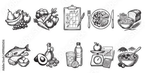 A collection of hand-drawn icons illustrating healthy foods, a balanced meal, a diet plan checklist, and weight loss tools like a scale and calculator.