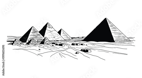 Detailed sketches of the pyramids of giza under a cloudy sky