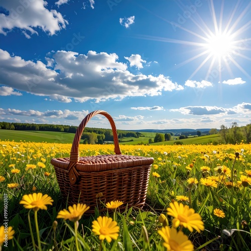 Picnic basket in field of yellow wildflowers, sunny