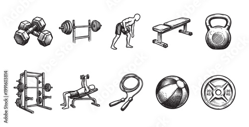 A collection of vintage hand-drawn illustrations depicting various gym equipment and exercises, perfect for fitness-related projects and design.