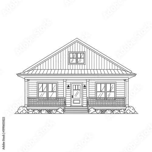 "Architectural Sketch of Rustic Wood Frame Cabin Style House"

