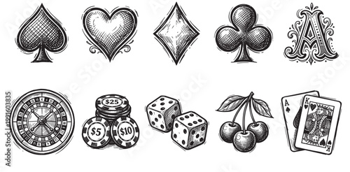 A collection of hand-drawn sketches depicting various casino and gambling elements including card suits, dice, poker chips, roulette, cherries, and playing cards in a scratchy ink style.