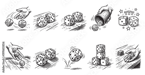 This hand-drawn illustration depicts various scenes of dice rolling, hands tossing dice, and stacked dice, symbolizing luck, gambling, and casino games with a vintage feel.