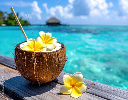 Coconut drink with flowers, by turquoise water