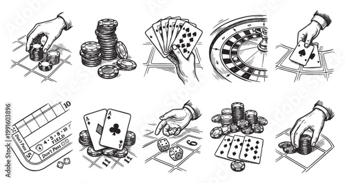 A collection of hand-drawn illustrations depicts various casino gambling elements including playing cards, dice, roulette wheel, and poker chips with hands interacting.