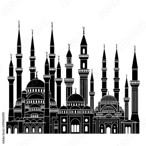 "Detailed Silhouette of Traditional Mosque with Multiple Minarets and Domes"

