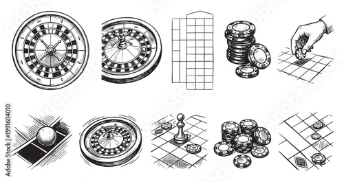 A collection of black and white sketches depicting casino gambling elements including roulette wheels, poker chips, a chessboard and ball, and hand placing a chip.