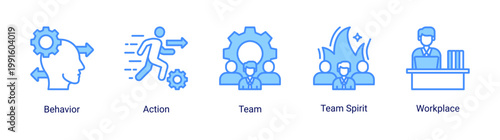 Tableau sur toile Kaizen team and behavior icon set representing team collaboration,behavior,and workplace culture in kaizen methodology