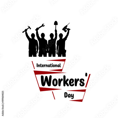 Silhouette of group of workers holding tools, 