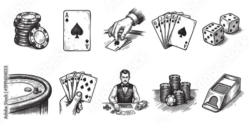 A collage of vintage sketch-style illustrations depicting various casino gambling elements like poker chips, dice, playing cards, and a dealer, perfect for a retro gaming theme.