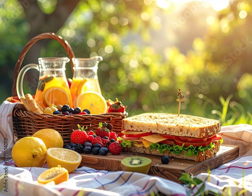 A picnic scene with food and drinks in the sunlight