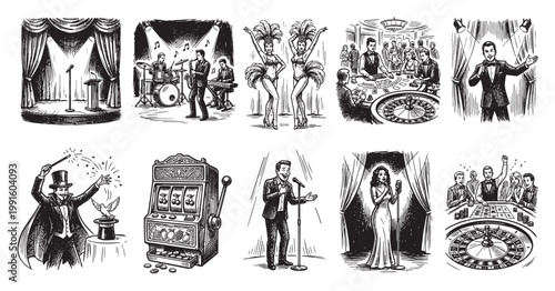 A collection of vintage-style illustrations depicting various entertainment and casino scenes, including performers and games, perfect for retro themes.
