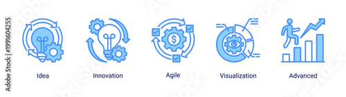 Kaizen innovation icon set featuring ideas,agile methods,and creative development concepts.Creative icon set representing innovation,and agile workflow for modern business and startup projects.