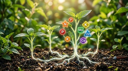 Young plants with digital icons representing vital nutrients and minerals essential for healthy growth and development in agriculture and gardening