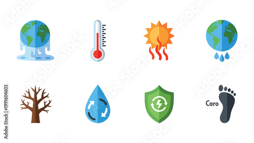 Climate Change Icons: A collection of illustrative icons vividly representing the pressing issues of climate change, featuring concepts of rising temperatures, melting ice caps.