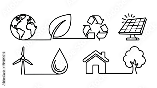 Eco-Friendly Line Art: A clean and modern illustration showcases a collection of sustainable symbols.
