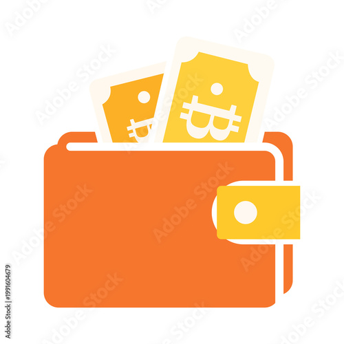 Bitcoin Wallet Flat Vector Icon with Crypto Currency Notes for Digital Payment and Financial Asset on White Background.