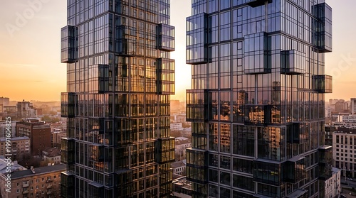 Luxury urban lifestyle featuring modern glass towers with cantilevered terraces during sunset overlooking a city street with cars and commuters