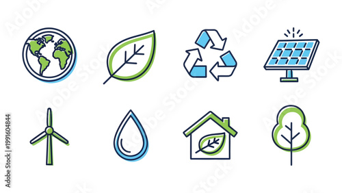 Eco-Friendly Icon Set: A vibrant collection of eco-friendly icons representing environmental conservation and sustainable living, including symbols for the earth, leaf, recycle, solar panel.