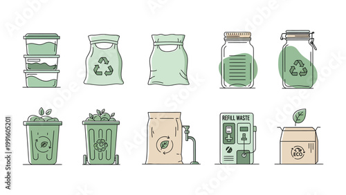 Eco-Friendly Containers: A vibrant illustration showcasing an array of eco-friendly containers and packaging, each symbolizing a commitment to sustainability and responsible waste management.