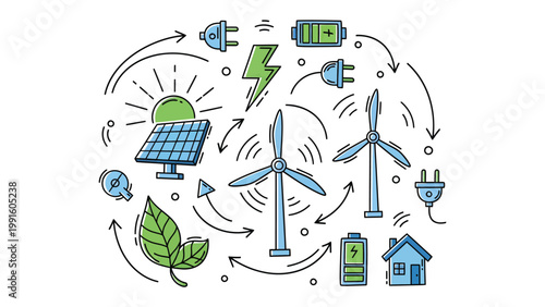 Green Energy Cycle: A vibrant illustration showcasing sustainable energy sources, with solar panels, wind turbines.