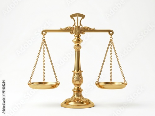 Golden scales of justice isolated on pure white background law concept