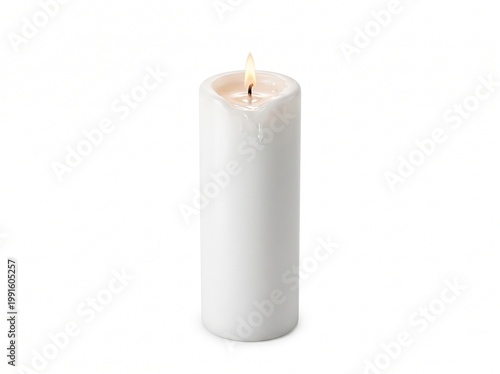 White pillar candle with flame isolated on pure white background