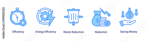 Kaizen efficiency icon set featuring cost reduction,energy efficiency,and lean management.Icon set for lean operations,cost saving,and efficiency improvement in business and industry.