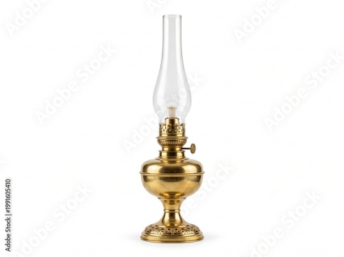 Vintage brass oil lamp isolated on pure white background antique