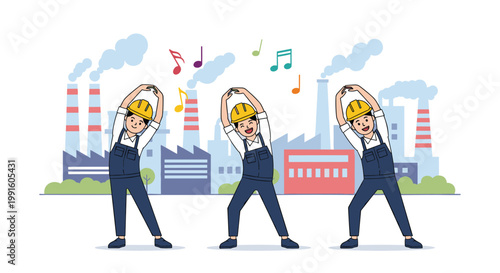 Industrial workers in overalls and hard hats doing stretching exercises in front of a large factory with tall chimneys.