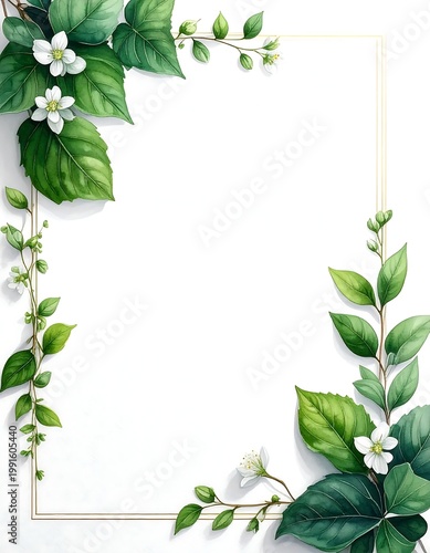 Elegant Floral Frame With Watercolor Jasmine Flowers And Green Leaves On White Background Botanical Border With Golden Line