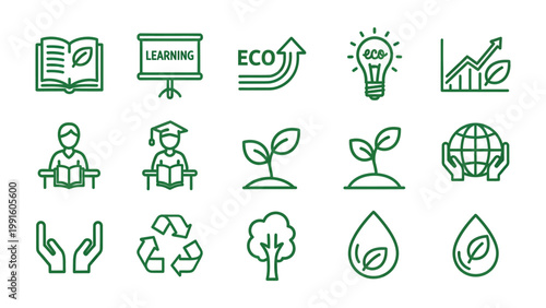 Eco-Consciousness Icon Set: A comprehensive collection of minimalist icons, symbolizing environmental awareness, education, sustainability, and growth, rendered in a calming green hue.