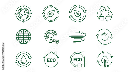 Eco-Friendly Icons: A collection of meticulously crafted icons dedicated to environmental sustainability, encompassing themes of nature, recycling, and renewable energy.